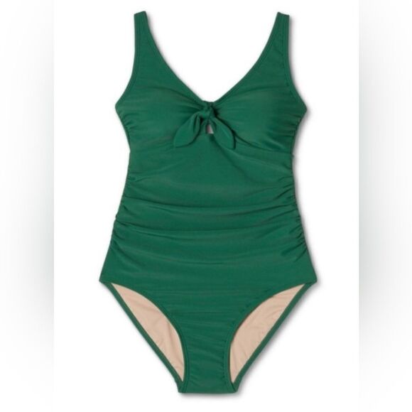 NWT Kona Sol Women’s Green One Piece Swimsuit Ruched Tie Front - Size S - Picture 6 of 9